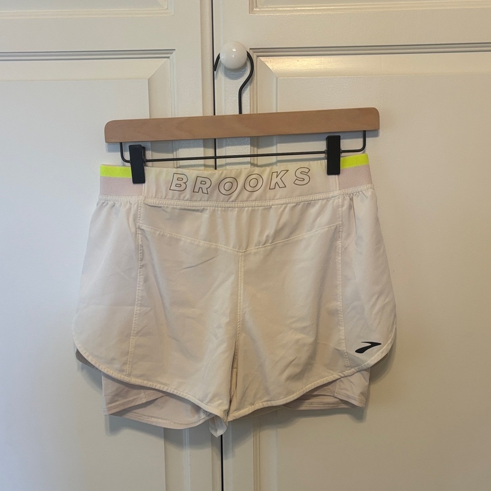 Brooks Women's Athletic Shorts in Off-White and Neon Yellow